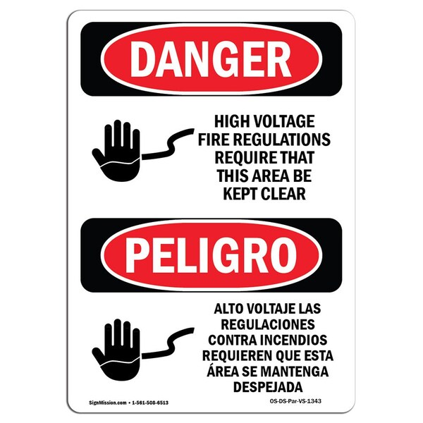 Safety Sign, OSHA Danger, 5" Height, High Voltage Area Kept Clear Spanish, 10PK